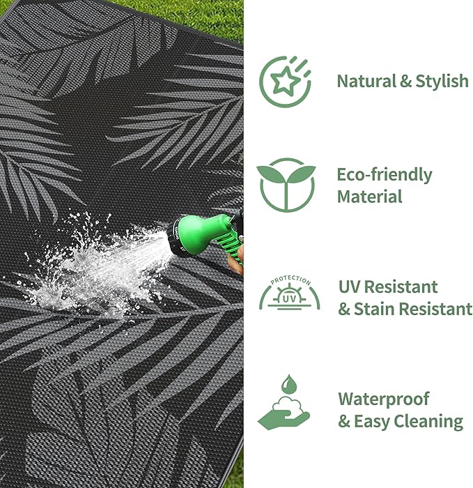 GENIMO Outdoor Rug 6' x 9' Waterproof for Patios Clearance, Reversible Outdoor Plastic Straw Camping Rug Carpet, Large Area Rugs Mats for RV, Camper, Deck, Balcony, Porch, Beach, Picnic, Black&Grey
