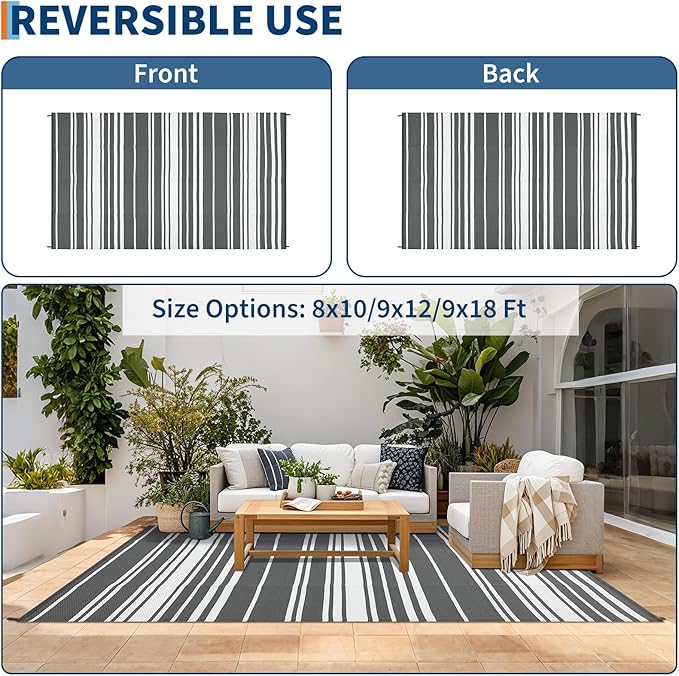 Waterproof Outdoor Rug 8x10 Contemporary Reversible Plastic Straw Rug, Easy Cleaning Striped Patio Carpet, UV-Resistant Indoor Outdoor Floor Cover for RV, Porch, Deck, Backyard, Grey