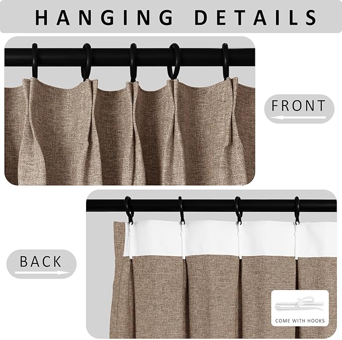 Macochico 120”Wx102”L 100% Blackout Linen Curtains Pinch Pleated Thermal Panels for Sliding Door Bedroom Living Room Farmhouse Shabby Chic Taupe Burlap Curtains with Tieback 1 Panel