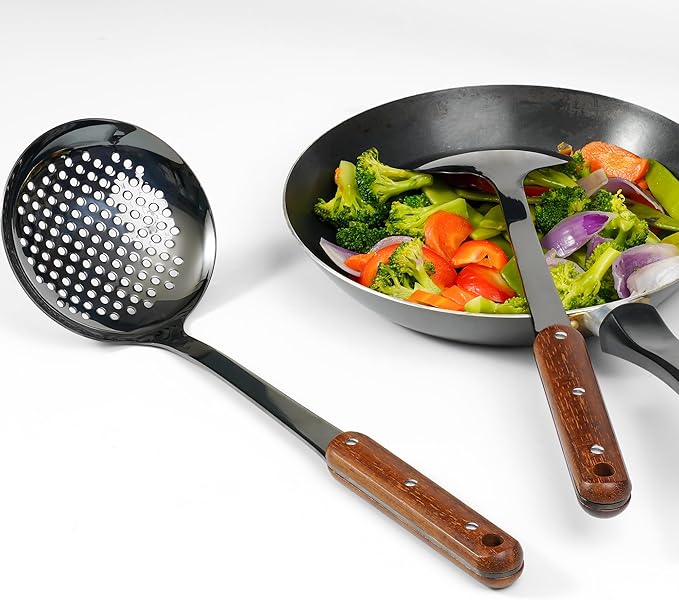 FJNATINH Stainless Steel Wok Spatula,Ladle,Skimmer Ladle Tool Set,Mirror Polished Cooking Utensils with Wooden Handle,Easy to Clean Wok Accessories,Black 3 PCS