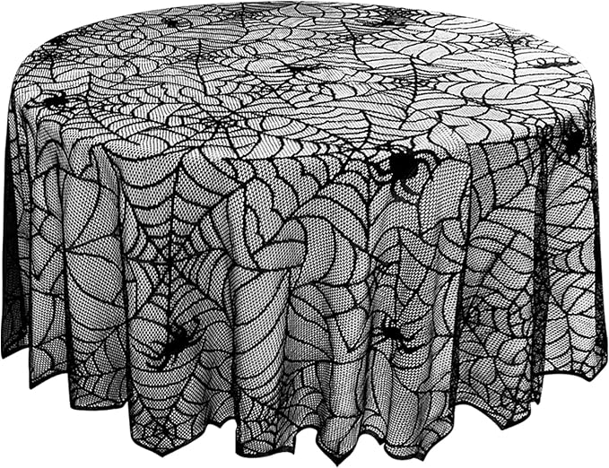 eZAKKA Round Halloween Tablecloth, 70 Inch Spider Webs Tablecloths Black Tablecloth Lace Fabric Table Cloths Spooky Table Cover for Parties Gothic Halloween Home Decorations