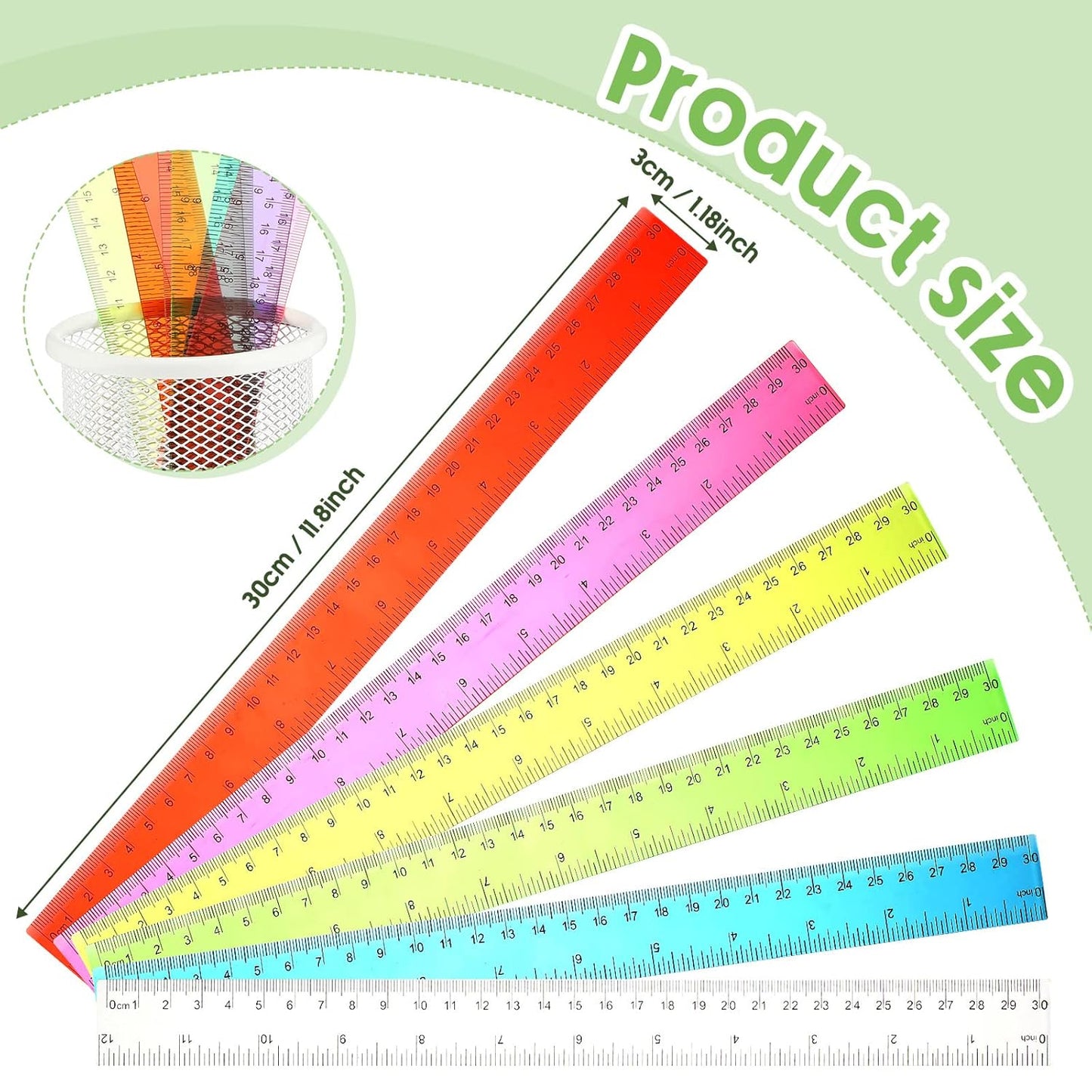 Fumete 300 Pack 12 Inch Plastic Rulers Bulk for Classroom Operation Christmas Supplies Flexible Transparent Assorted Color Ruler with Centimeters and Inches for Office Teacher Student