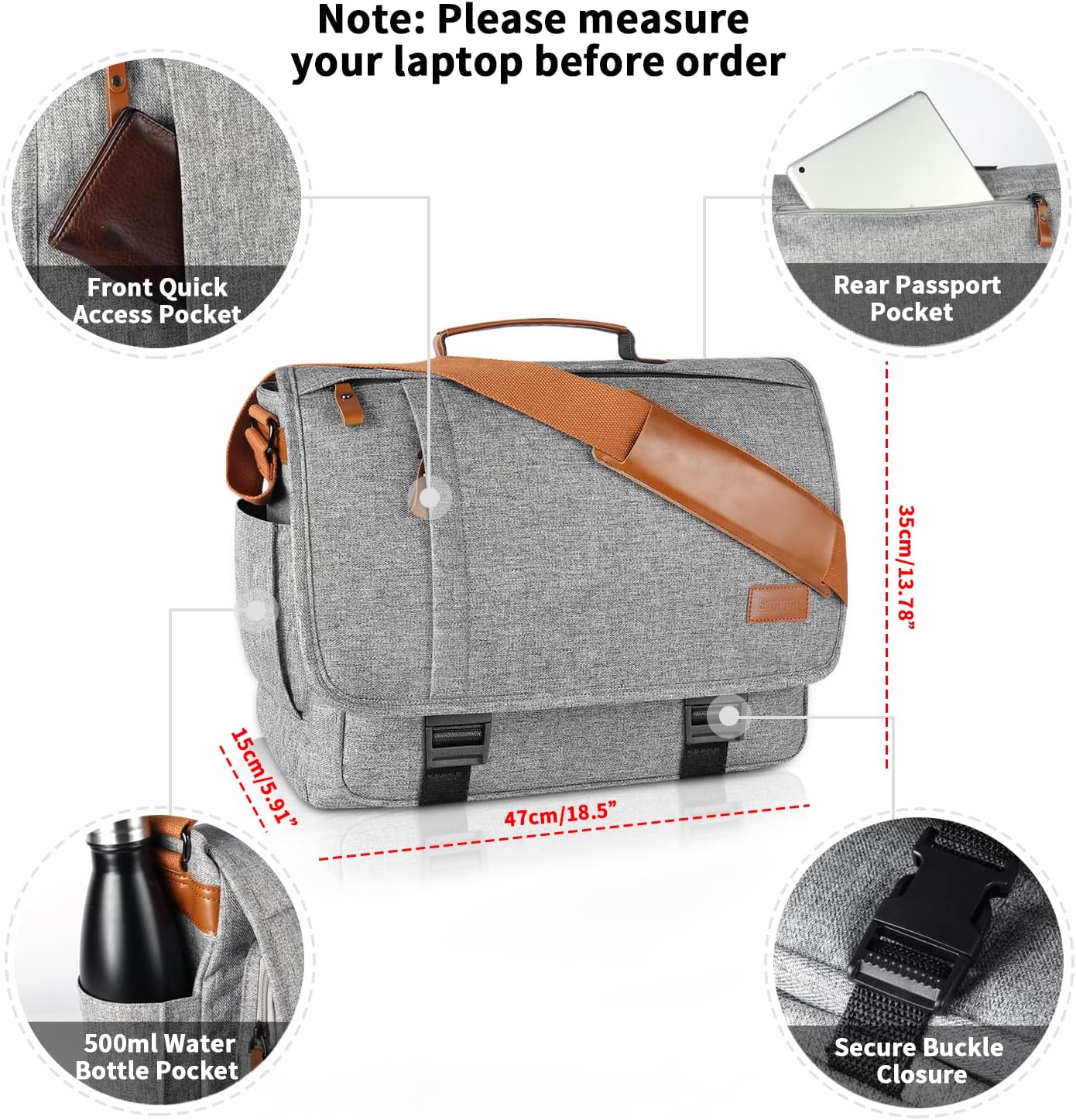ESTARER Messenger Bag 17-17.3 Inch, Men's Computer Bag Water-resistant Canvas, Laptop Shoulder Bag for Travel Work College, Light Grey