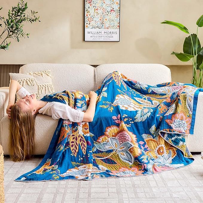 Boho Throw Blanket, Blue Lightweight Blankets for Summer, 100% Cotton Bohemian Decorative Throw Blanket, 60"x80" Reversible Muslin Breathable Woven Farmhouse Blankets Quilt,