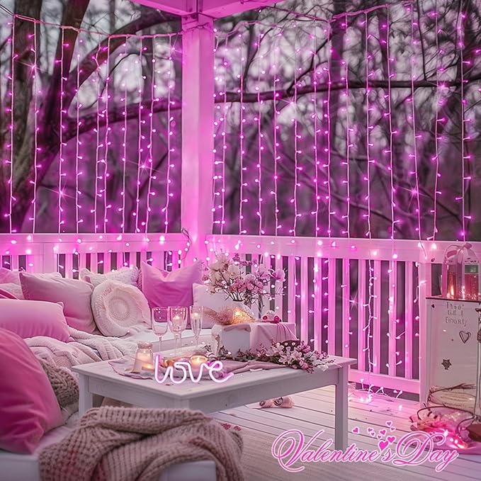JMEXSUSS 300 LED Pink Curtain Lights Indoor, Christmas Lights Plug in, 8 Modes Pink String Lights for Bedroom Window Wall Party Backdrop Xmas Valentine Decorations, 9.8x9.8ft