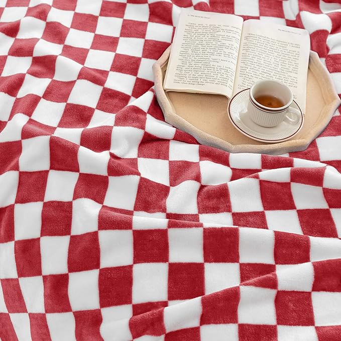 LOMAO Throw Blankets Flannel Blanket with Checkerboard Grid Pattern Soft Throw Blanket for Couch, Bed, Sofa Luxurious Warm and Cozy for All Seasons (Red, 60"x80")