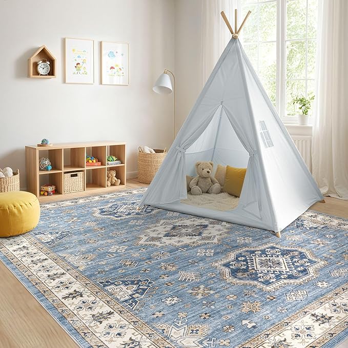 Washable Area Rugs for Living Room -8x10 Neutral Vintage Distressed Floral Farmhouse Boho Large Soft Floor Rug Indoor Non Slip Carpet for Living Room Bedroom Dining Room Office - Blue