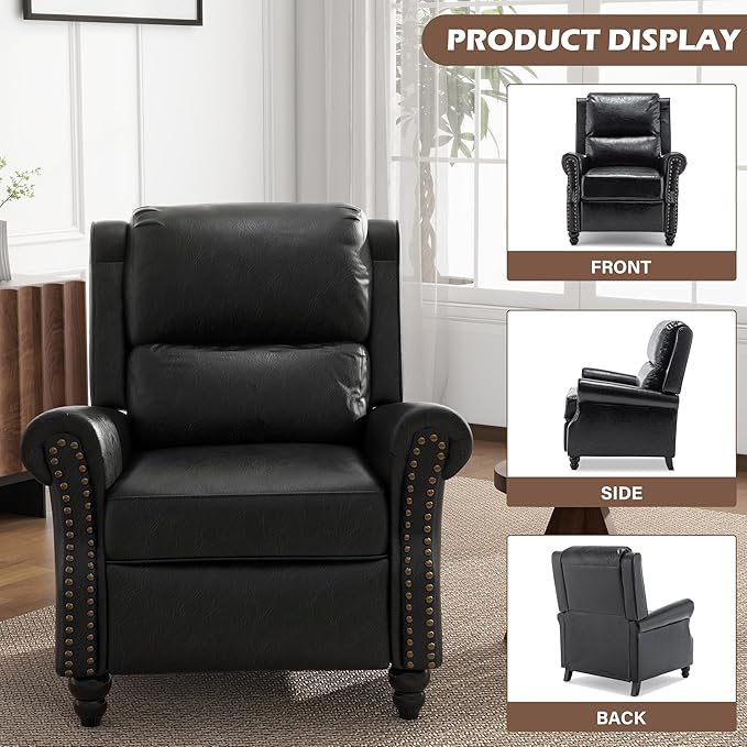 UIXE Pushback Recliner Chairs Set of 2, PU Leather Armchair Push Back Accent Chair, Rivet Trim Club Chair Home Theater Overstuffed Single Sofa Reading Seat for Living Room, Black