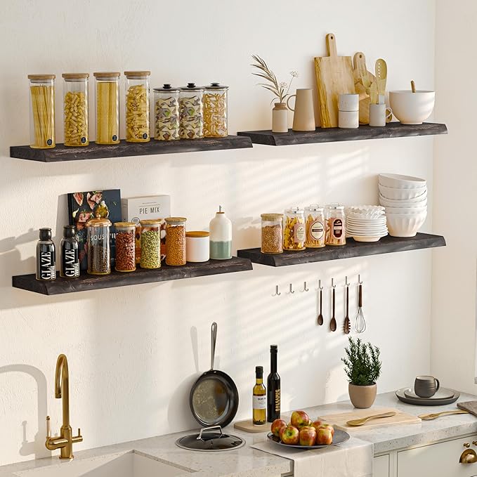 Wood Floating Shelves for Wall, 48 Inch Floating Shelves Wall Mounted, Rustic Live Edge Elm Wood Shelf for Home Decor, Heavy-Duty Storage Shelves for Books, Bathroom, Kitchen, Walnut Finish