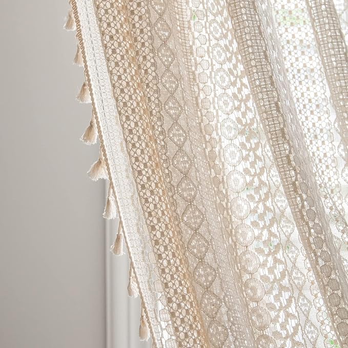 Sutuo Home Boho Curtains Crochet Lace Sheer Bohemian Stylish with Tassels, Window Treatment Privacy Vintage Rustic Farmhouse Drapes for Bedroom Living Room, Rod Pocket 1 Panel 59" W x 102" L, Beige