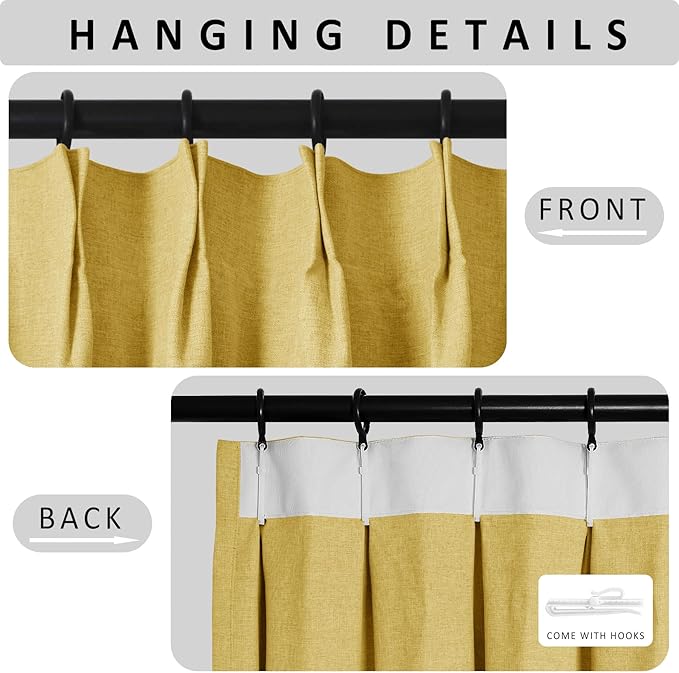 Macochico 100”Wx102”L 100% Blackout Pinch Pleated Linen Curtains for Sliding Door Bedroom Living Room Farmhouse Thermal Insulated Yellow Burlap Drapes with Tieback 1 Panel Shabby Chic Style