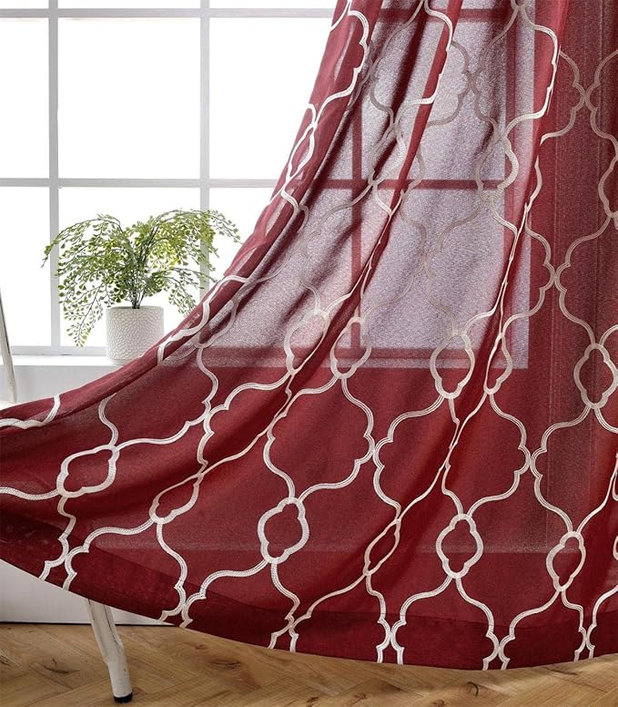 MIUCO Moroccan Embroidered Semi Sheer Curtains Faux Linen Grommet Curtains for Living Room 52 x 63 Inch 2 Panels, Burgundy