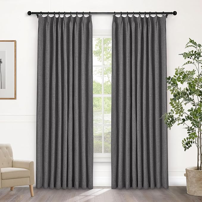 Macochico Pinch Pleated Blackout Linen Curtains 96 Inches Long 100% Light Blocking Burlap Curtains for Bedroom Living Room Thermal Window Panels with Tieback 72”Wx96”L Natural Grey 1 Panel