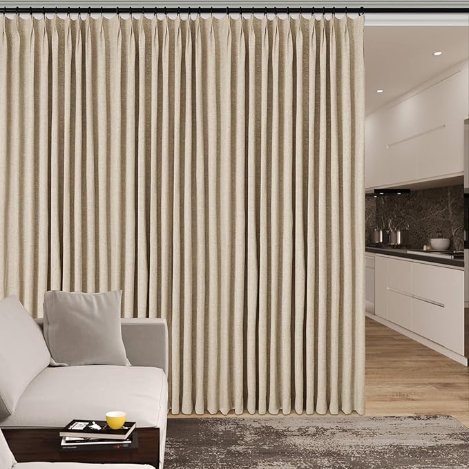 Sand Beige Pinch Pleat 100% Blackout Drapes Linen Blend, Room Divider, Room Darkening, Energy Saving, Furniture Protecting, Light Blocking Extra Wide Privacy Curtains, 240Wx84L, 1 PC