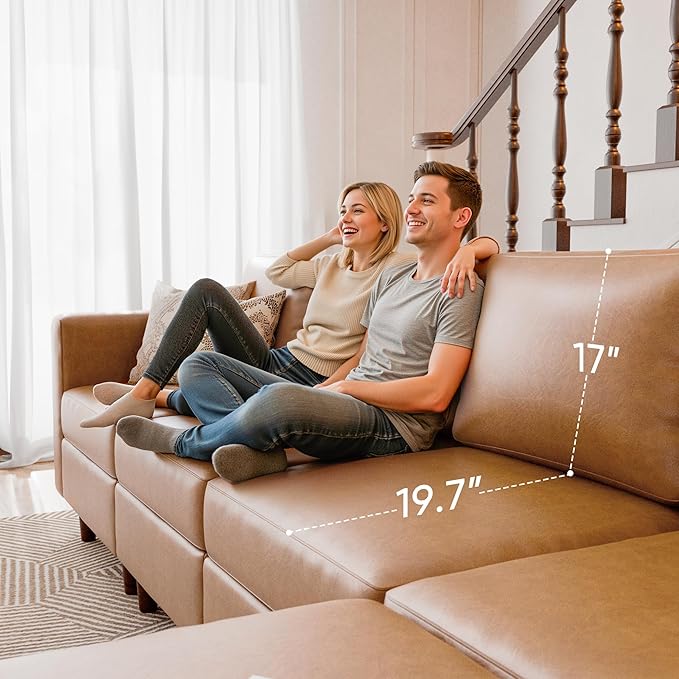 118.5" Faux Leather Modular Sectional Sofa, L Shaped Couch Set for Living Room, 5-Seater Comfy Cloud Couches with Movable Storage Ottoman,DIY Combination - Brown