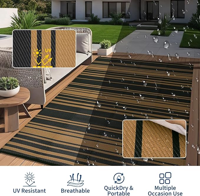 Waterproof Outdoor Rug 8x10 Contemporary Reversible Plastic Straw Rug, Easy Cleaning Striped Patio Carpet, UV-Resistant Indoor Outdoor Floor Cover for RV, Porch, Deck, Backyard, Black Brown