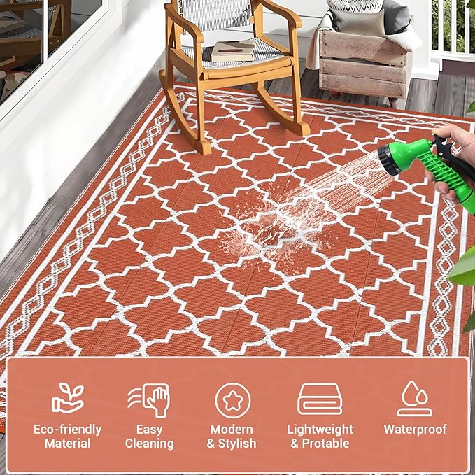 GAOMON Outdoor Plastic Straw Rug, 10'x14' Reversible Sage Green Patio Mat, Flower Modern Design for RV, Backyard, Deck, Camping, Picnic, Orange/White(Geometric)