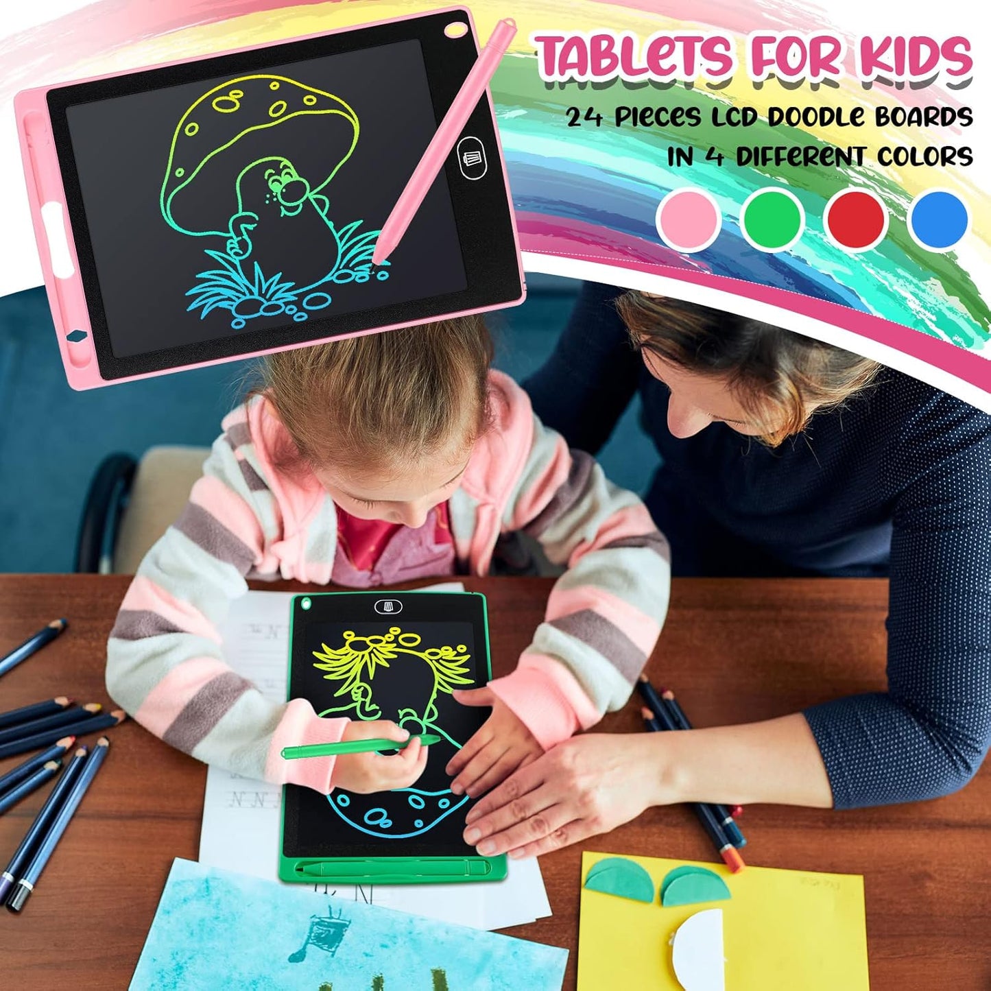 Zhehao 24 Pieces LCD Writing Tablet Doodle Board 8.5 Inch Colorful Reusable Screen Board Pad Reusable Drawing Writing Learning Educational Pad Toys for Girls Boys 8-10 3-10(Classic Round Style)