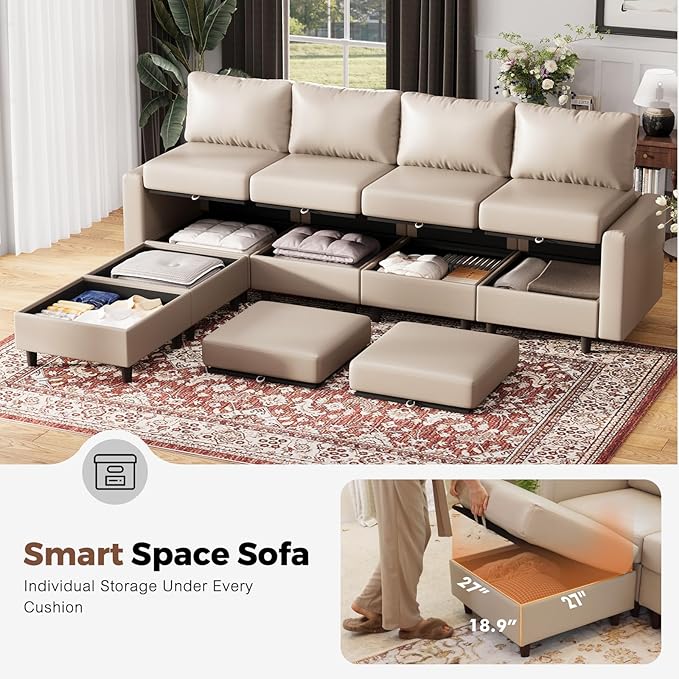 118.5" Faux Leather Modular Sectional Sofa, L Shaped Couch Set for Living Room, 7-Seater Comfy Cloud Couches with Storage Seat Whitesand