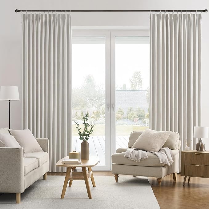 RAIN CITY Full Blackout Curtains 98 Inch Long 2 Panels Set Neutral Boho Farmhouse Linen Window Drapes for Bedroom Living Room Thermal Insulated Natural Birch Ivory Pleated/Back Tab with Hooks