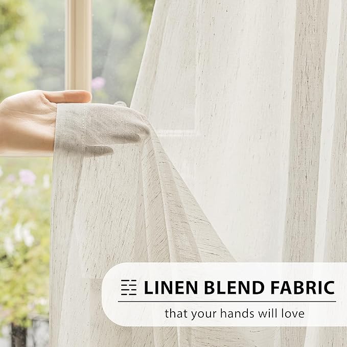 FMFUNCTEX Linen Sheer Curtains for Living Room, Beige Curtains 90 inches Long for Bedroom, Natural Flax Blend Window Draperies for Farmhouse Curtain, Rod Pocket 2 Panels
