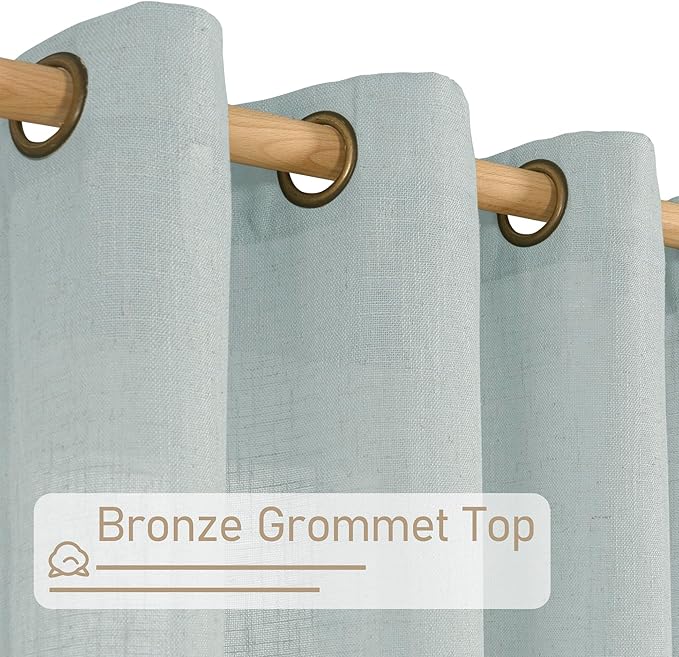 LAMIT Living Room Linen Curtains 90 Inch for Bedroom, Bronze Grommet Linen Textured Sheer Curtains Light Filtering Burlap Drapes for Farmhouse, 2 Panels, 52 x 90 Inch, Greyish Blue