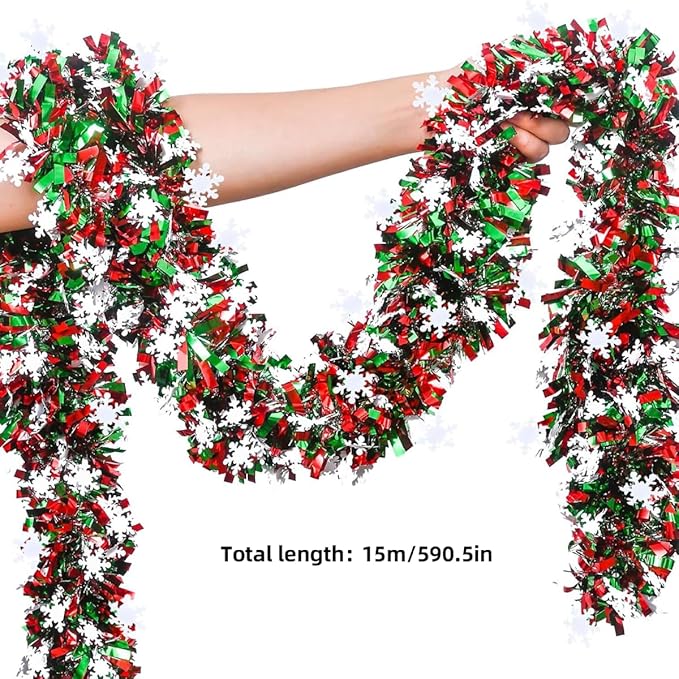 50 Feet Green Red Christmas Metallic Tinsel Twist Hanging Garland with Snowflake for Home Mantle Xmas Tree Staircase Railing New Year Holiday Party Indoor Outdoor Decorations（2 Pcs）