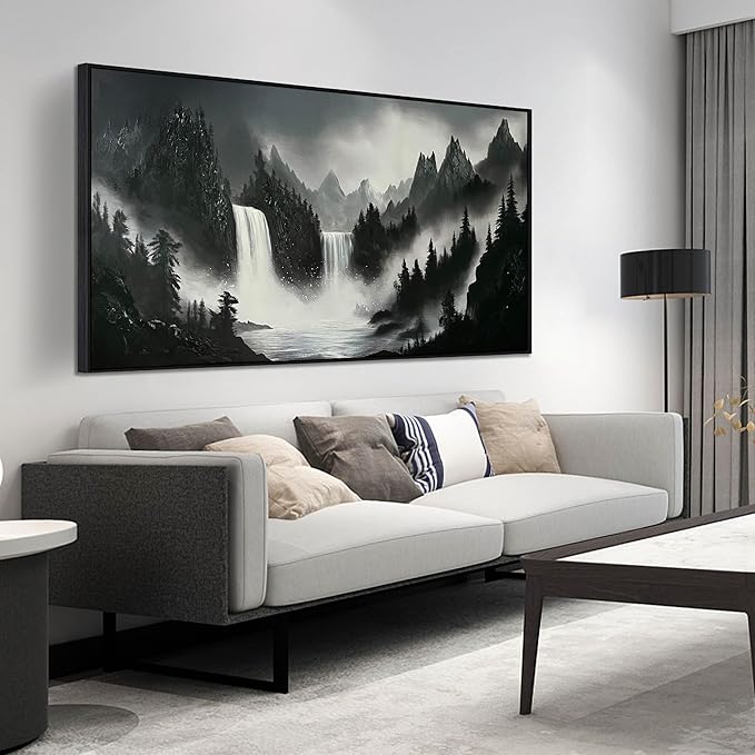 Hand Painted Mountains Painting for Living Room - Waterfall Canvas Wall Art for Office - Large Framed Wall Art Bedroom Size 29" x 59"