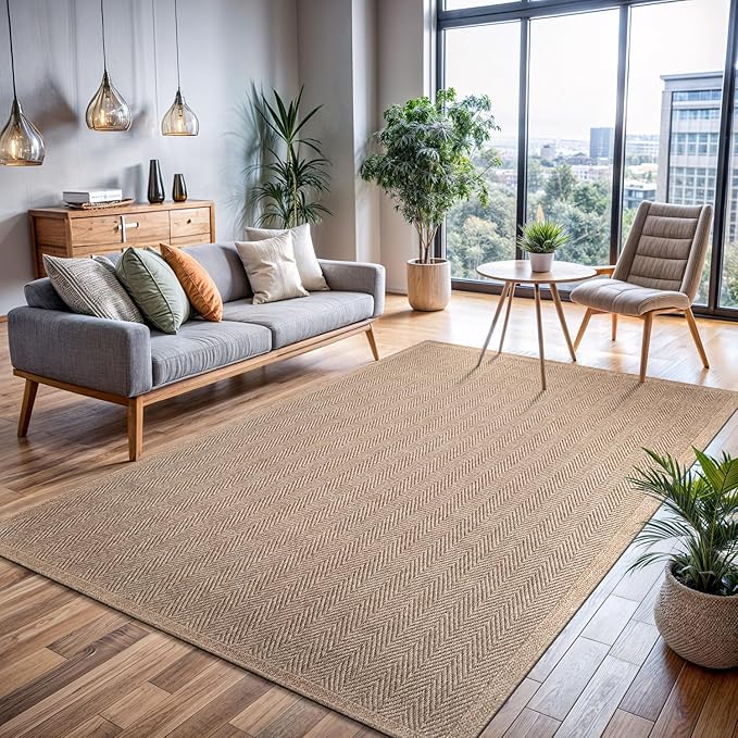 CAMILSON Easy Jute Rug 9x12, Indoor Outdoor Natural Color Fiber Area Rugs for Living Room and Patio Rug Herringbone Seagrass Boho Woven Design Easy-Cleaning Washable Outside Carpet Alfombras 9 x 12