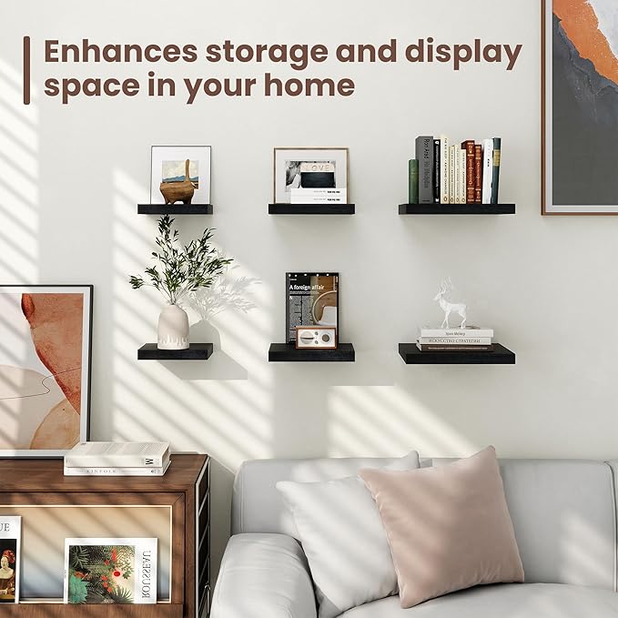 Fun Memories Floating Shelves for Wall - 7.5 Inch Square Shelves with Invisible Brackets, Black Small Wall Shelf for Living Room, Bathroom, Bedroom, and Kitchen Decor，Set of 4