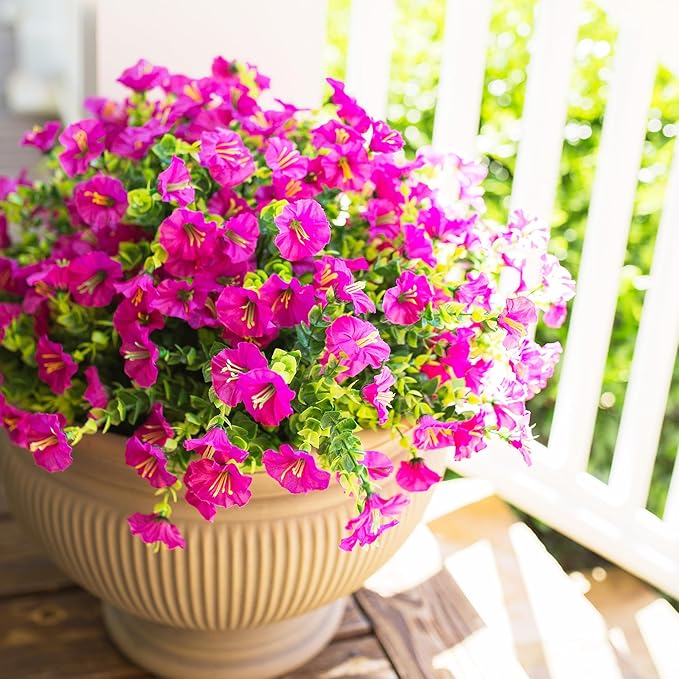 Artificial Flowers for Outdoors Fake Plants, 12 Bundles Faux Fuchsia Morning Glory UV Resistant Look Real Silk Flowers for Outside Planter Front Door Porch Patio Yard Fall Autumn Decoration