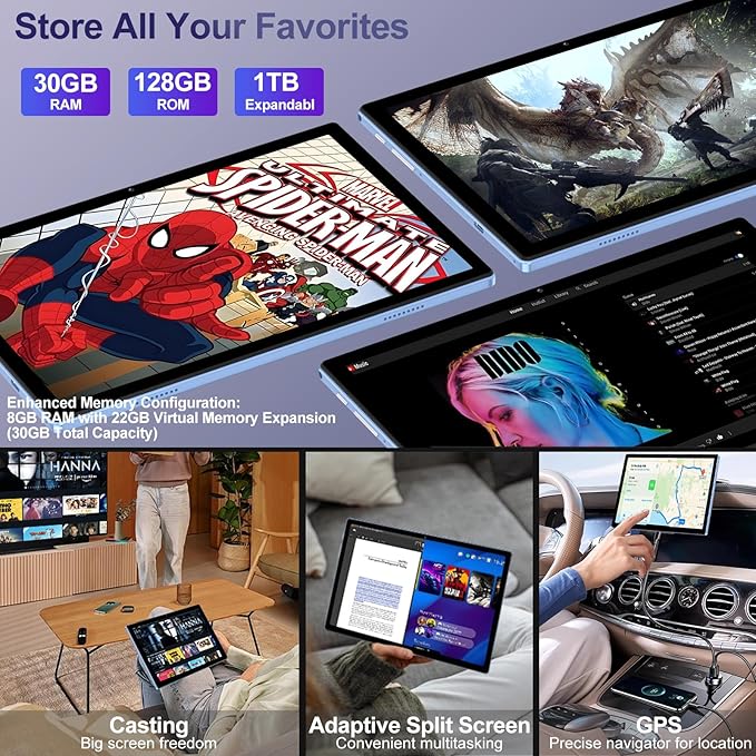 2025 Android 15 Tablet with Keyboard | Gemini AI, 30GB+128GB Octa-Core Electronics Tablets w/ 10 Inch IPS HD Display, 8000mAh, 5G WiFi, 1TB Expand, Mouse+Case, BT 5.0, Widevine L1, Metal Body -Blue