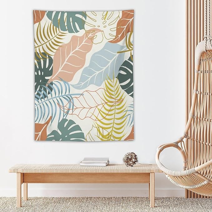 ICMOLYYENLO Boho Green Leaves Tapestry, Mid Century Abstract Tropical Palm Leaves Modern Minimalist Geometric Wall Hanging, Neutral Home Decor Art for Living Room Bedroom Dorm 50x60 Inch