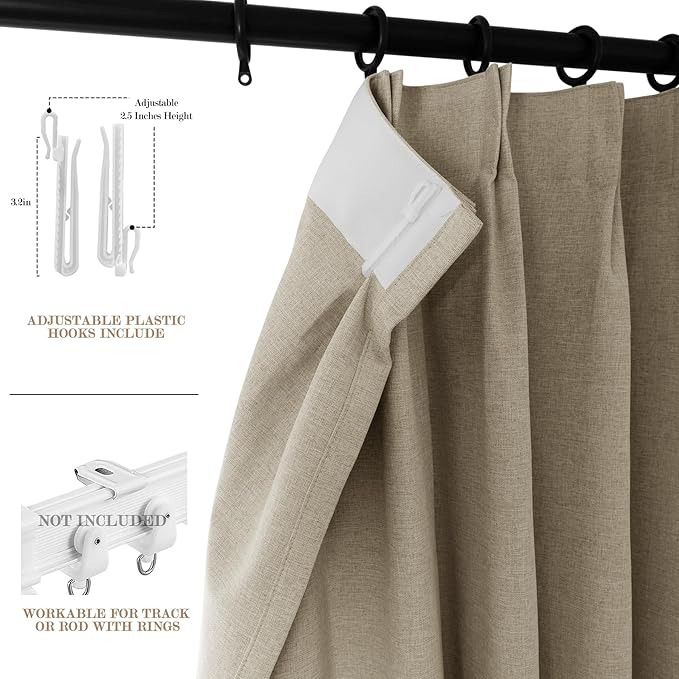 100% Blackout Linen Textured Drapes for Bedroom Pinch Pleated Curtains for Track System Portable Drapery for Sliding Glass Door/Storage/Space Room Divider, 70" Wx102 L, 1 PC, Light Khaki