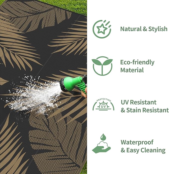 GENIMO Outdoor Rug 9' x 12' Waterproof for Patios Clearance, Reversible Outdoor Plastic Straw Camping Rug Carpet, Large Area Rugs Mats for RV, Camper, Deck, Balcony, Porch, Beach, Picnic, Black&Brown