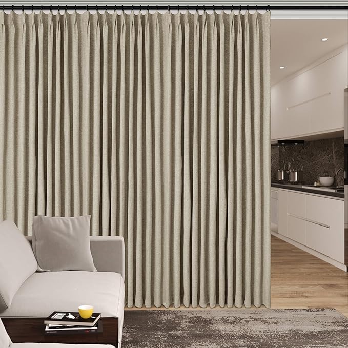 100" W x 84" L Faux Linen Room Divider Curtains, Full Blackout Pinch Pleated Drapes for Traverse Rod, Bedroom Divider Privacy Drapery with Hooks for Ceiling Track, 1 Panel, Light Khaki