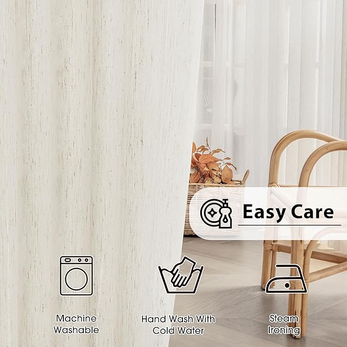 FMFUNCTEX Linen Sheer Curtains for Bedroom, Beige Curtains 63 inch Length for Living Room, Natural Flax Blend Window Draperies for Farmhouse Curtain, Rod Pocket 2 Panels