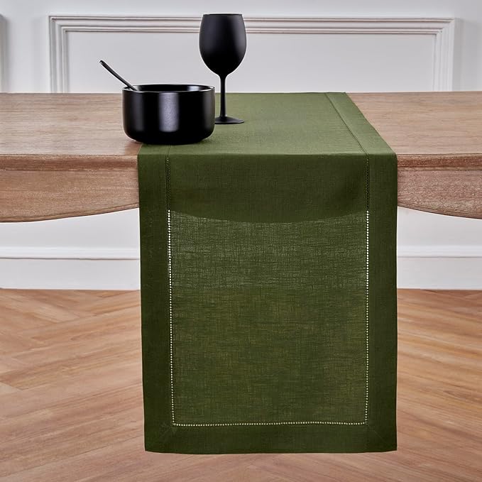 Solino Home Olive Linen Table Runner 156 Inches Long - 100% Pure Linen Classic Hemstitch Table Runner 14 x 156 Inch for Wedding, Parties, Fall, Autumn, Thanksgiving