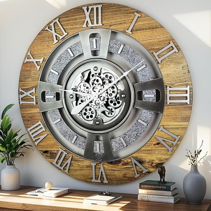 The Gears Clock Real Moving Gear Wall Clock England Line (Wood & Stone, 24 inches (60 cm))