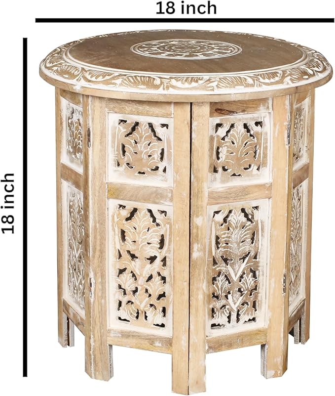Lightnpro Hand Carved Solid Mango Wood Octagonal Accent Table - 18"×18" White Wash Farmhouse Vintage Home Décor Round End Table for Living Room, Bedroom, Entryway - Rustic Boho Side Table