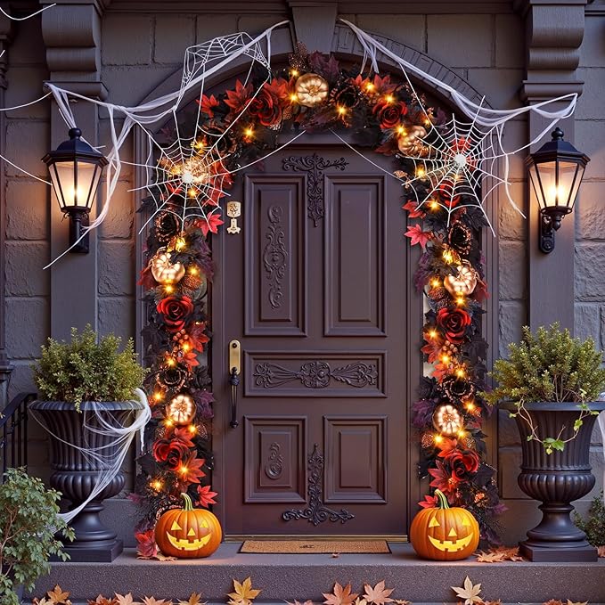 SHareconn 6FT Halloween Garland with Purple Lights Battery Operated and Timer, Pre-Lit Black Red Maple Leaves Lighted Garland Decorations for Fireplace Mantle Centerpiece Indoor Outdoor Decor, 6 FT
