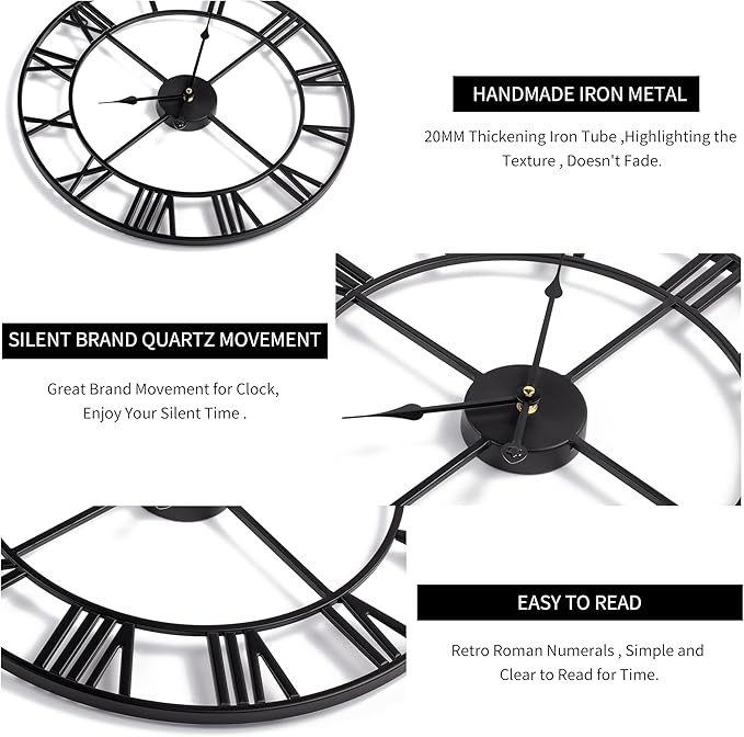 LEIKE Large Wall Clock, 24" Completely Silent, Non Ticking, Battery-Operated,Rustic Round Modern Metal Wall Clock Decor for Living Room, Bedroom and Kitchen, (60cm, Black-Roman Number)