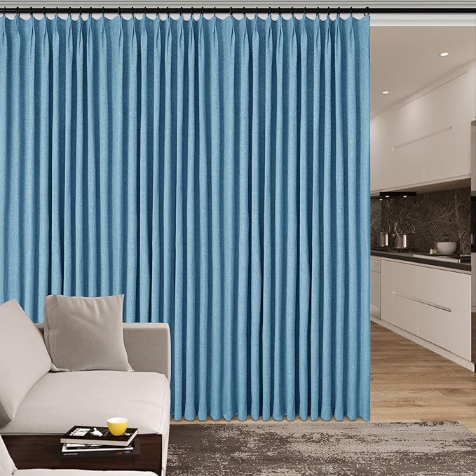 120" Wx108 L Linen Room Divider Drapes for Doorway/Glass Window/Sliding Door/Patio, Extra Wide Pinch Pleated Full Blackout Curtains for Girls Boys Teen Kids Room, 1 Panel, Blue