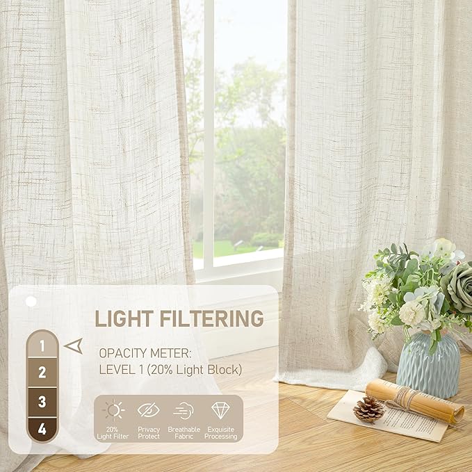 LAMIT Ivory Sheer Linen Curtains 63 inch Length for Bedroom, Semi Sheer Light Filtering Window Treatments Neutral Bronze Grommet Drapes for Living Room, Cream Ivory, 2 Panels Set, 52 x 63 Inch