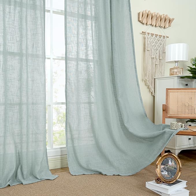 LAMIT Semi Sheer Linen Curtains 54 Inch Length 2 Panels, Greyish Blue Light Filtering Panels Bronze Grommet Neutral Drapes for Bedroom/Window/Dining Room, 52 x 54 Inch