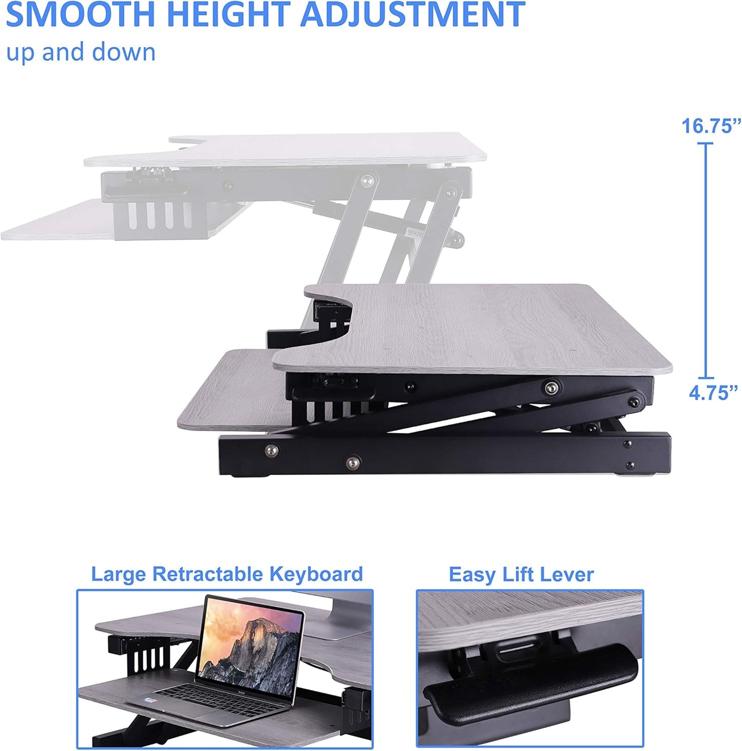 Rocelco 32" Height Adjustable Standing Desk Converter - Quick Sit Stand Up Dual Monitor Riser - Gas Spring Assist Tabletop Computer Workstation - Large Retractable Keyboard Tray - Grey (R ADRG)
