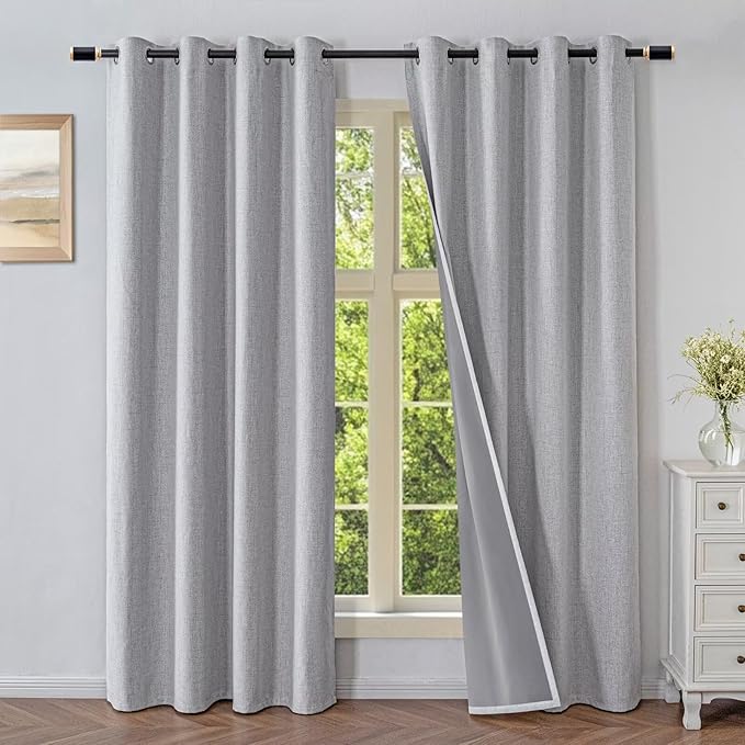 Blackout Curtains 96 Inches Long 2 Panels Set, 100% Black Out Textured Thermal Curtains, Grommet Light Blocking Drapes for Living Room Bedroom Luxury Decor(52W × 96L inch, Greyish White)