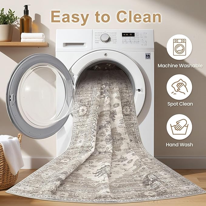 Washable Area Rugs for Living Room - 10x14 Neutral Vintage Distressed Floral Farmhouse Boho Large Soft Floor Rug Indoor Non Slip Carpet for Living Room Bedroom Dining Room Office-Brown/Beige