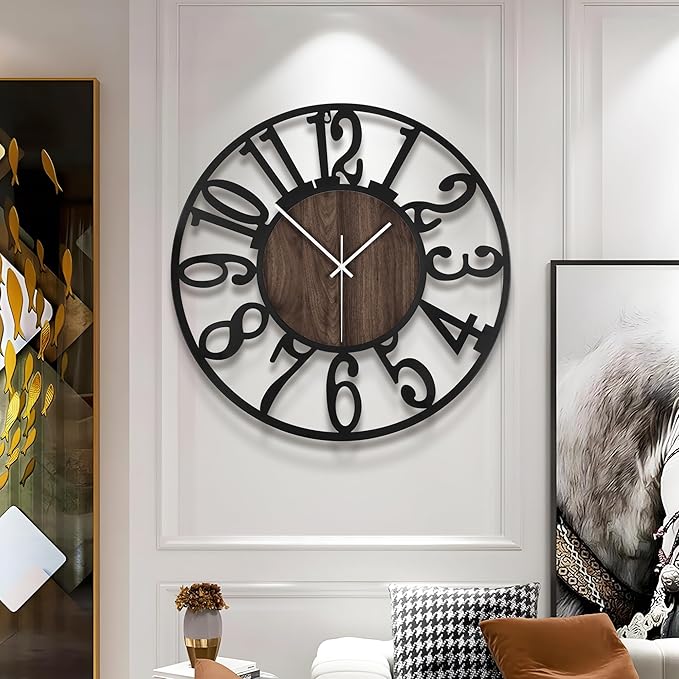 Large Wall Clock for Living Room Decor, 24 Inch Non Ticking Silent, Battery Operated Modern Vintage Oversized Wall Clock for Bedroom Kitchen