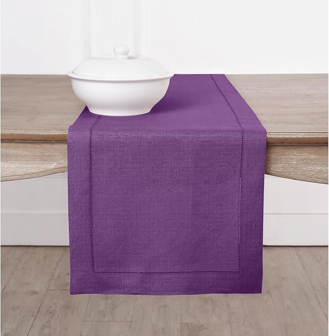 Solino Home Linen Purple Table Runner 132 Inches Long - 100% Pure Linen Extra Long Table Runner 14 x 132 Inch for Fall, Autumn, Halloween, Thanksgiving - Classic Hemstitch